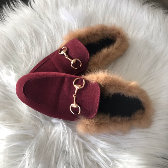 Burgundy suede slip on loafers rabbit fur trim - Picture 3 of 4